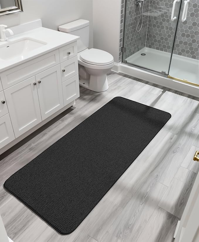 Bath Mat,Ultra Thin Bathroom Runner Rugs,Large Bath Mats for Bathroom,Quick Dry,Non-Slip,Machine Washable,Low Pile,Bath Rug,Shower Outside,Sink,Home Decor Accessories.Black,1'9"x3'11"（21x47inch）