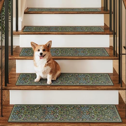 OJIA Stair Treads Non-Slip Stair Runner for Wooden Steps Indoor 15PC 30"x8" | Carpet Stair Treads Floral Stair Mats Staircase Step Treads for Kids, Elders and Dogs, Stair Covers, Green