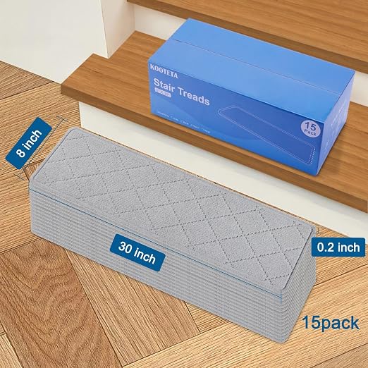 KOOTETA Stair Treads for Wooden Steps Indoor, 15 Pack 8" X 30" Non Slip Carpet Stair Treads with Reusable Adhesive for Kids Elders and Dogs, Surface Polyester TPR Backing Stair Rugs, Grey