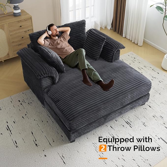 VINGLI 56" Oversized Chaise Lounge Chair, Dark Grey Comfy Corduroy Chaise Sofa Recliner Bed Upholstered Sleeper Couch Bed with Throw Pillows and Armrests for Living Room, Movie Room, Bedroom