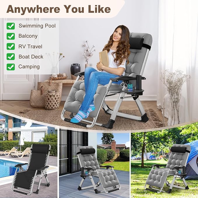 Comfy Folding Recliner Chair -Bedroom Living Room Chairs | Patio Lounge Chair with Removable Cushion for Indoor Outdoor