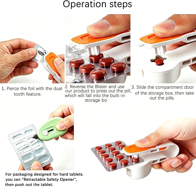 Portable Pill Popper, Easy Press Pill Remover with Collection Box, Travel Tablet Taker for Seniors Arthritis Weak Hands, No-Contact Medication Extractor Tool