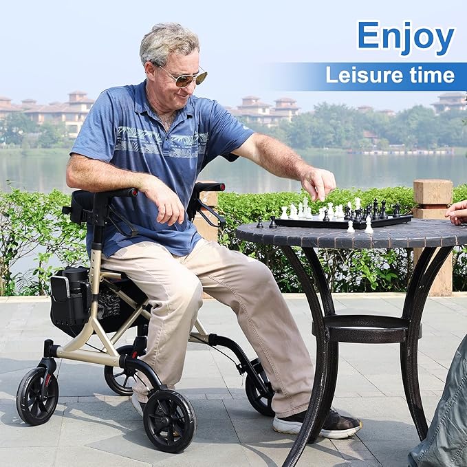 WALK MATE Rollator Walker for Seniors with Cup Holder, Upgraded Thumb Press Button for Height Adjustment, 4 x 8 Wheels Walker with Seat Padded Backrest Folding Lightweight Walking Aid, Gold