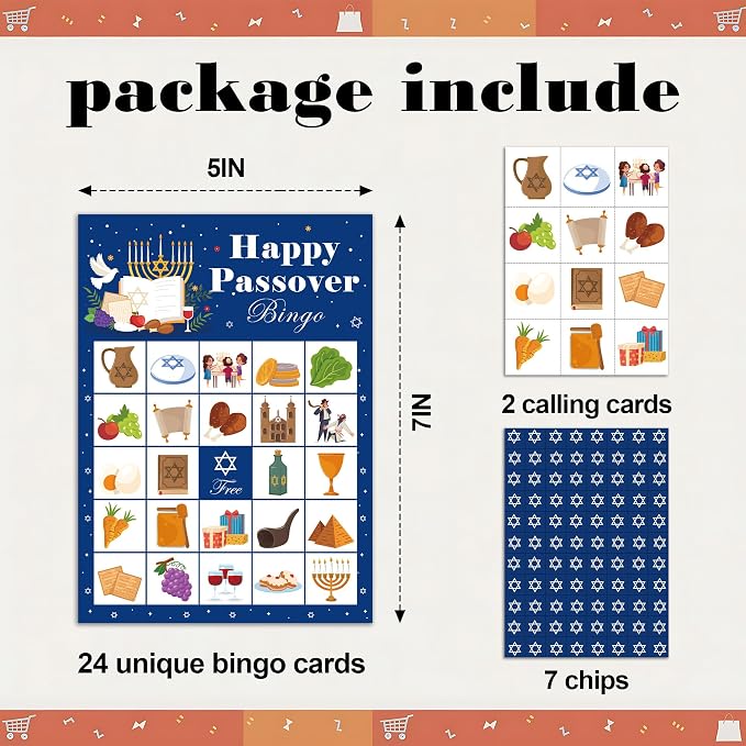 Passover Bingo Game Cards, Religious Bingo Set for Adults Large Group, Pesach Themed Fun Games, Jewish Seder Matzo Party Activities Icebreaker Games for Family Friends, 17