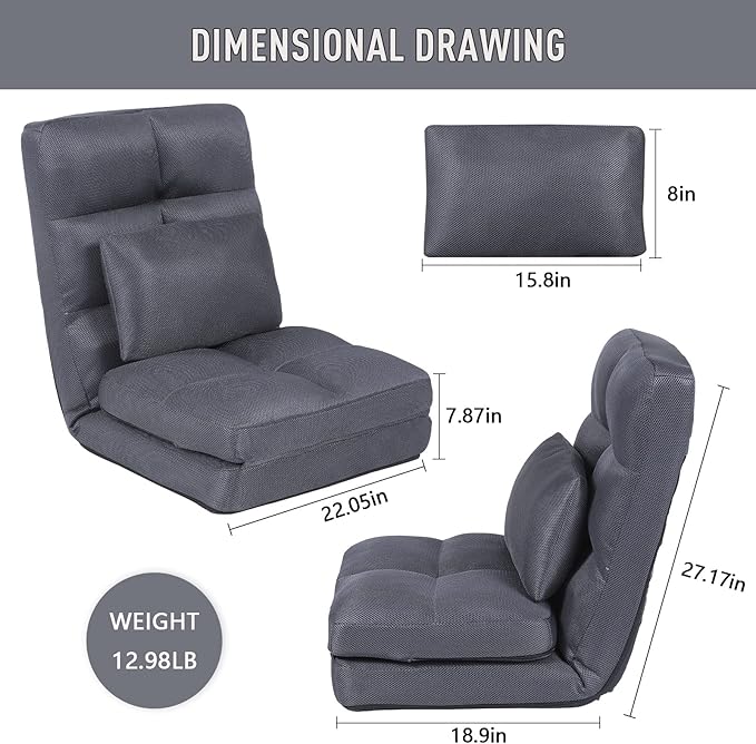 Indoor Chaise Lounge Sofa, Floor Chair with Back Support for Adults, 14 Angle Adjustment Recliner Chair, Folding Floor Lounger with Pillow 8823(Grey-2)
