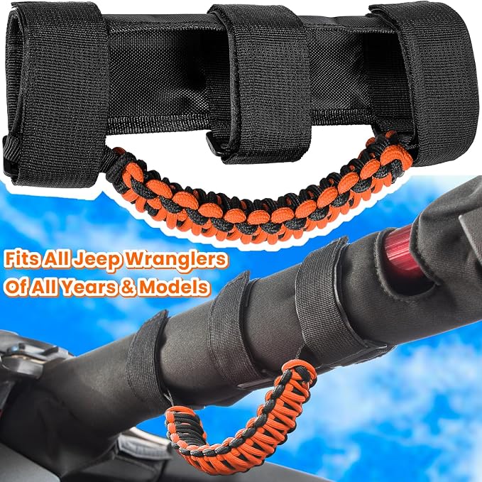 Roll Bar Grab Handles Grip Handle for Jeep Wrangler JK JKU JL JLU TJ YJ Sports Sahara Freedom Rubicon Unlimited Gladiator JT 1955-2023 UTV ATV Accessories Premium 550 Paracord (Orange 2 Pack)