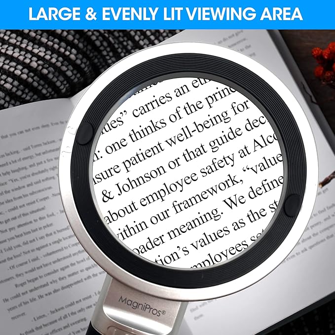 MagniPros Extra Large 10X Magnifying Glass with Detachable Lenses- 3 Color Modes with Self-Standing Non-Slip Ergonomic Handle for Hobbyists, AMD, Reading Fine Print, Seniors