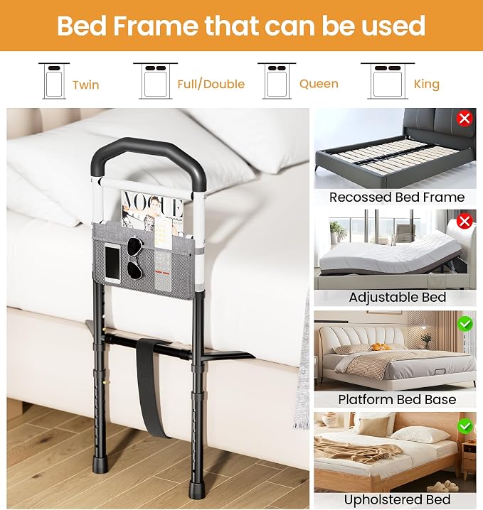 HOMLAND Bed Rails for Elderly Adults Safety, Stability with Wider Base | SGS Tested & ASTM Compliant, Adjustable, 350lb Support, Tool-Free, Fits Twin to King, Alloy Steel Material, Black