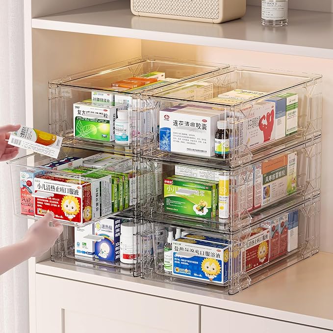 clear Drawer-Type Plastic Storage Box Bins Organizer，Family First Aid Kits Medicine cabinet Box Organizer,Closet ，Shelf，Ointments, Adhesive Bandages，Cosmetics,Office Items (clear, ZZ4L)