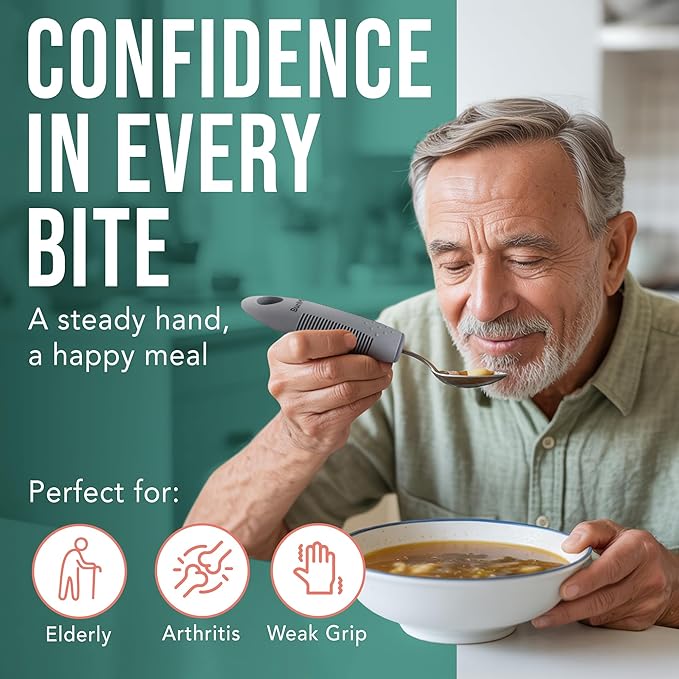 BUNMO Adaptive Utensils for Elderly, Arthritis, Weak Hand Grip & Handicapped - 4 Piece Set - Convenient Travel Pouch - Lightweight - Arthritis Gifts for Seniors Over 80 - Gifts for Disabled Adults