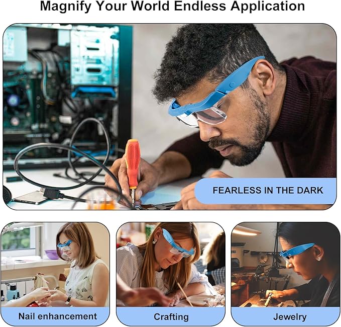 Magnifying Glass with Light Hands Free, Rechargeable Magnifying Glasses Headset with 5 Detachable Lenses and Storage Case for Close Work, Reading, Jewelry Making Crafts (Blue)