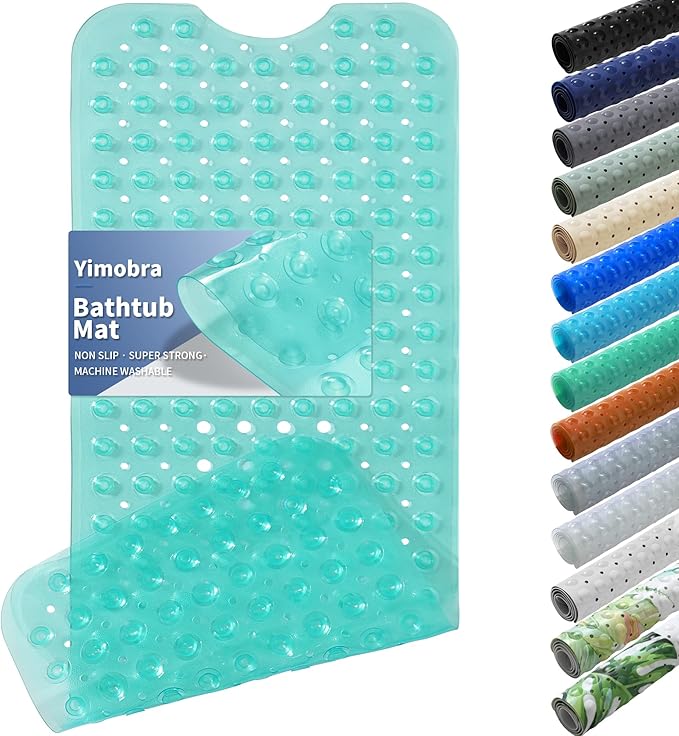 Yimobra Non Slip Bathtub Mat 40 x 16 Inch, Extra Long Shower Mat with Drain Holes, Machine Washable Baby Bath Mats, Strong Suction Cups for Bathroom Floor, Clear Green