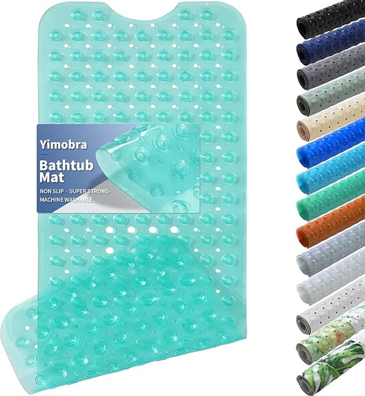 Yimobra Non Slip Bathtub Mat 40 x 16 Inch, Extra Long Shower Mat with Drain Holes, Machine Washable Baby Bath Mats, Strong Suction Cups for Bathroom Floor, Clear Green