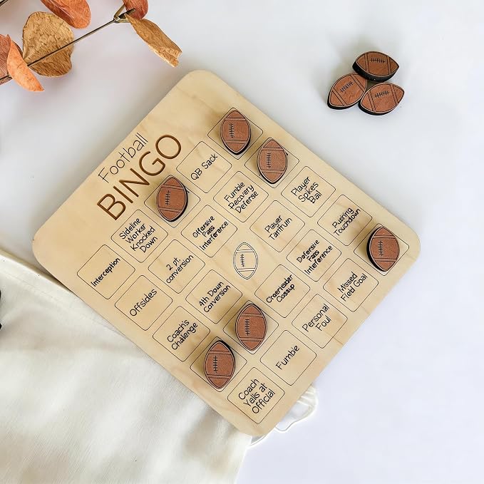 Sports Bingo Chess and Card Game, Baseball Football Bingo Wooden Board Bingo Ball Game Set 4.3 * 5.1 inches, Adult Party Edition(Football)