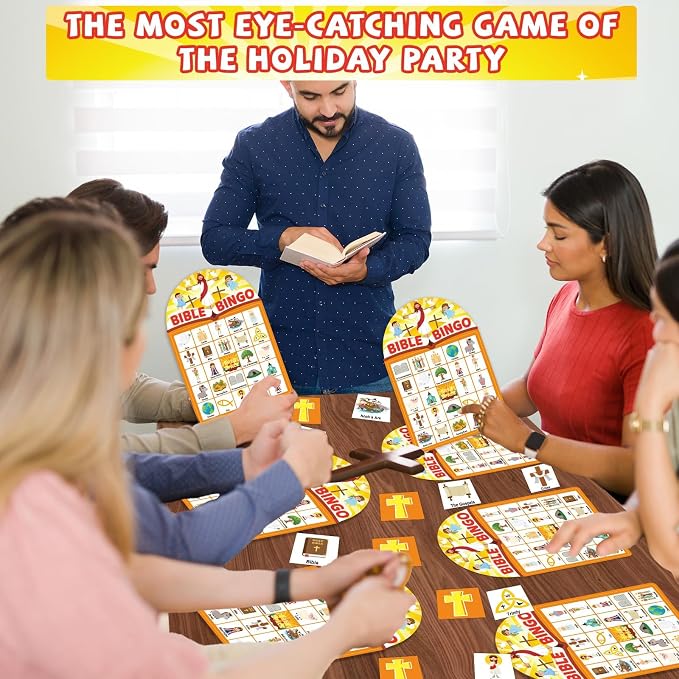 39 Pcs Bible Theme Bingo Game for Adults 24 Players Christian Party Bingo Game Cards with Reward Stickers for Family Friends Large Group Gathering Christian Sunday School Church Open Day Favors