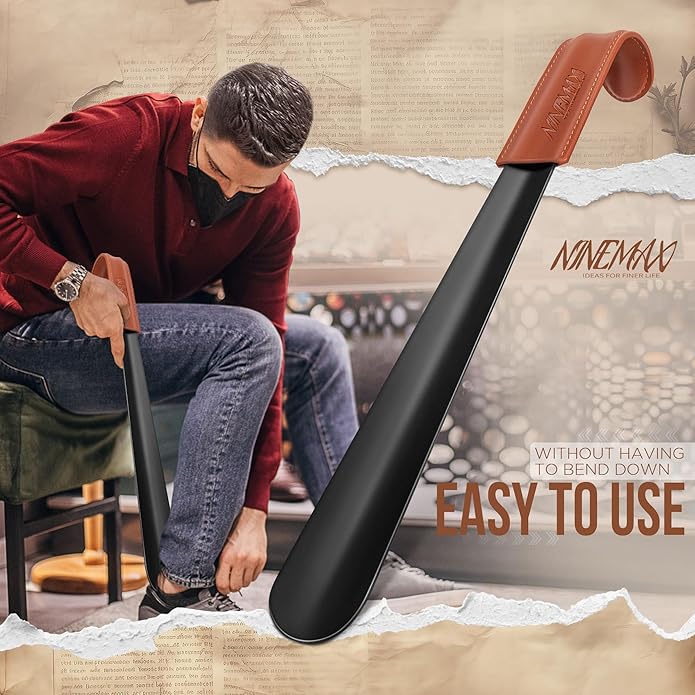 NINEMAX Shoe Horn Long Handle for Seniors Men Women, Metal Long Shoehorn for Boots, Shoe Spoon Helper 16.5''