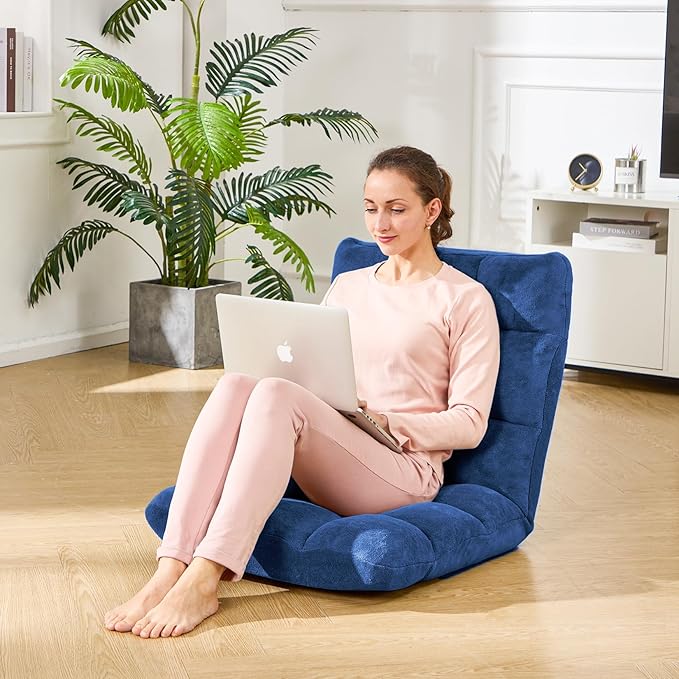 Folding Floor Gaming Chair 14-Poistion Cushioned Adjustable Floor Lazy Sofa Chair w/Breathable Cotton & Skin-Friendly Velvet for Adults & Kids Perfect for Reading Gaming Meditating, Darkblue