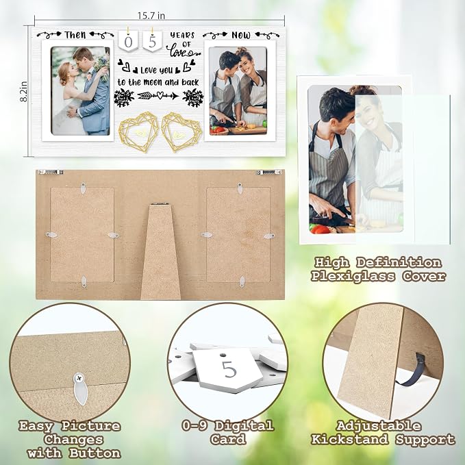 Then & Now Anniversary Picture Frame for Couple - 1-99 Years Wedding Picture Frame,Engagement Bridal Shower Gifts for Couples Wooden Photo Frame Holds Two 4x6 Photos-White