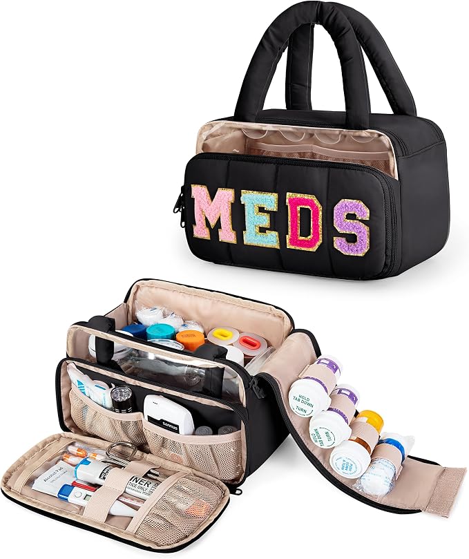 Fasrom Chenille Letter Medicine Bag, Pill Bottle Organizer for Travel Meds | Preppy Patch Design, Puffy Handle, Portable Storage for Medical Supplies & Toiletries, Makeup Case for Women