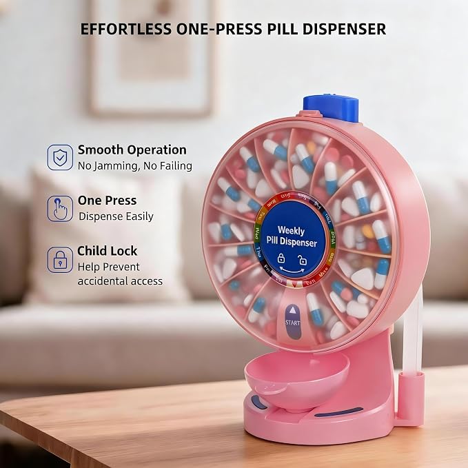 Pink Pill Organizer with No-Flip Design for Women to Take Daily Vitamins | One-Touch Button Pill Container with Med Cup & Tweezers for Medicine Hygienic, Free-Standing or Wall-Mounted for Medicine