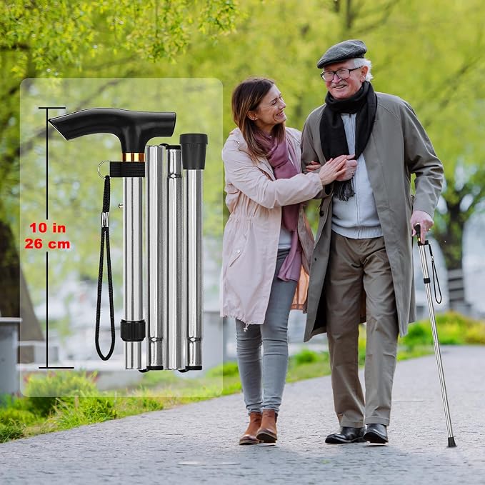 MFE Folding Cane, Portable 5-Level Adjustable Height Walking Stick with Foldable Design, Wrist Strap, and T Handle for Men and Women