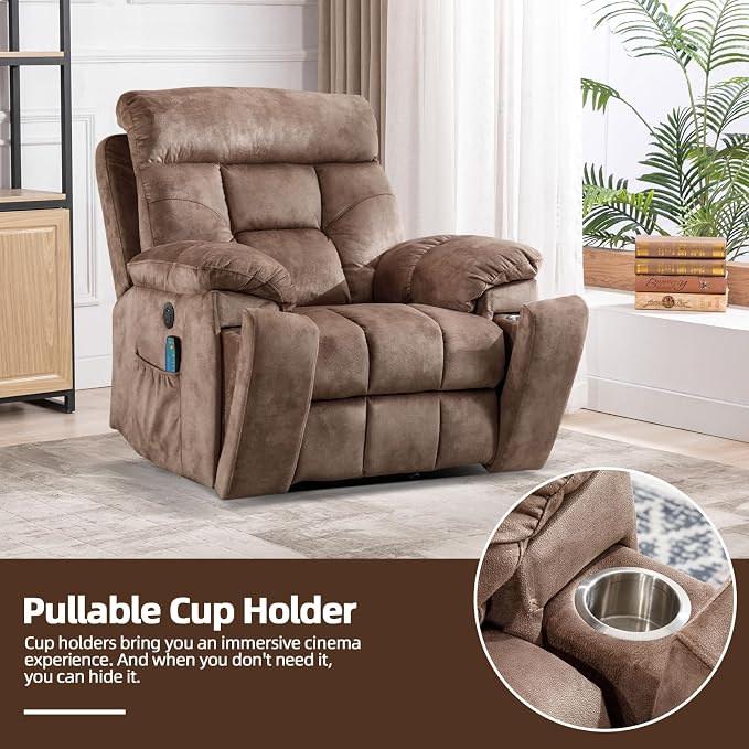 Large Power Lift Recliner Chair with Massage and Heat for Elderly Big and Tall People, Overstuffed Wide Recliners with 2 Cup Holders, Side Pocket and USB Port, Camel