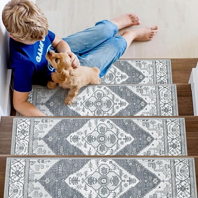 Lahome Non Slip Stair Treads Indoor 15 Pack 8" X 30" Carpet Treads for Wood Stairs, Washable Self Adhesive Stair Runners Stain Resistant Staircase Super Grippy Surface for Dogs & Seniors Dorie, Grey