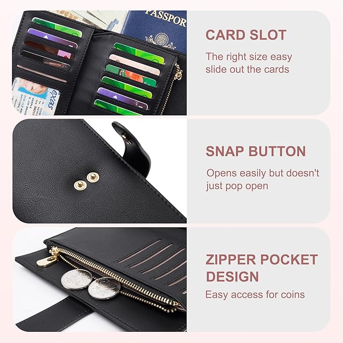 yiijay Wallet Women RFID Blocking Leather Trifold Clutch Wallet Credit Card Holder Ladies Travel Wallet Purse with Passport/Pen Holder