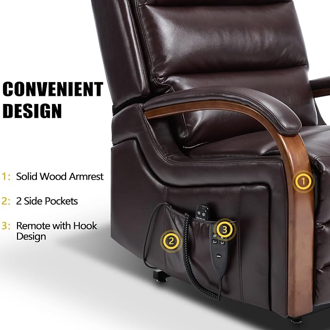 Power Lift Recliner Chair for Elderly People, Dual Motor Lay Flat Recliner with Vibration Massage and Heat, Lift Chair with Solid Wood Armrest, Standing Assistance Reclining, Faux Leather Red Brown