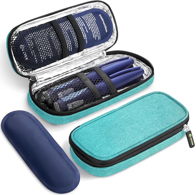 AUVON Insulin Cooler Travel Case, Diabete Care, 2x90g TSA-Approved Ice Pack | Diabetic Medication Insulated Cooling Bag for 2 Insulin Pens and Diabetic Supplies Storage, Compact for Daily Life and Trips