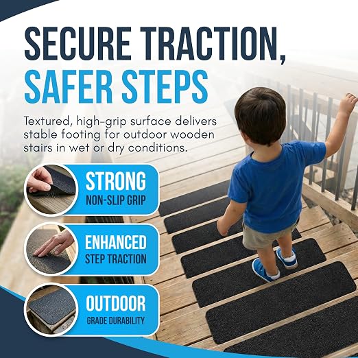 Outdoor Stair Treads Non Slip (20 Pack) - Black 30” x 6” Anti Skid Grip Tape, Heavy-Duty Waterproof Weather-Resistant Adhesive Strips for Exterior Steps