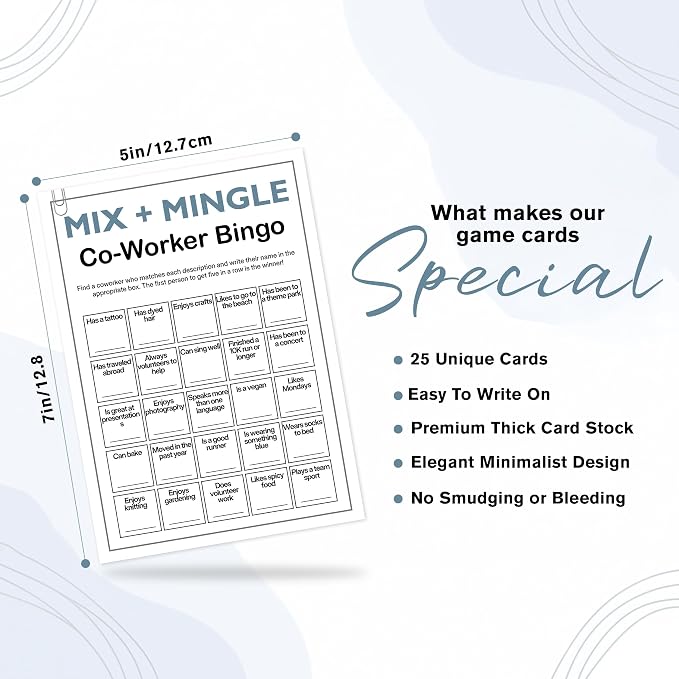 Office Bingo Cards, 25 Unique Randomized 5x7 Sheets, Get to Know You Bingo Game for Adults, Ice Breaker Office Party Games, Team Building Games for Work, High Replay Value - A02