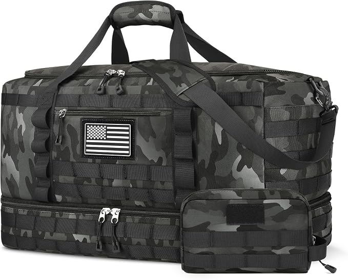Gym Bag for Men Women, Carry on Luggage 22x14x9 Airline Approved Duffle Bag | Tactical Travel Bags with Toiletry Bag and Shoe Compartment, Weekender Overnight with Wet Pocket for Workout, Black Camo