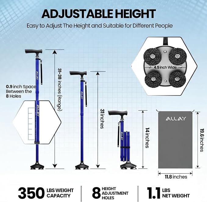Allay Walking Canes for Men & Women - Adjustable Canes for Women for Stability, Self Standing Wide Quad Pivot Base, Light Weight, Soft Handle Grip and Travel Bag, Walking Sticks for Seniors