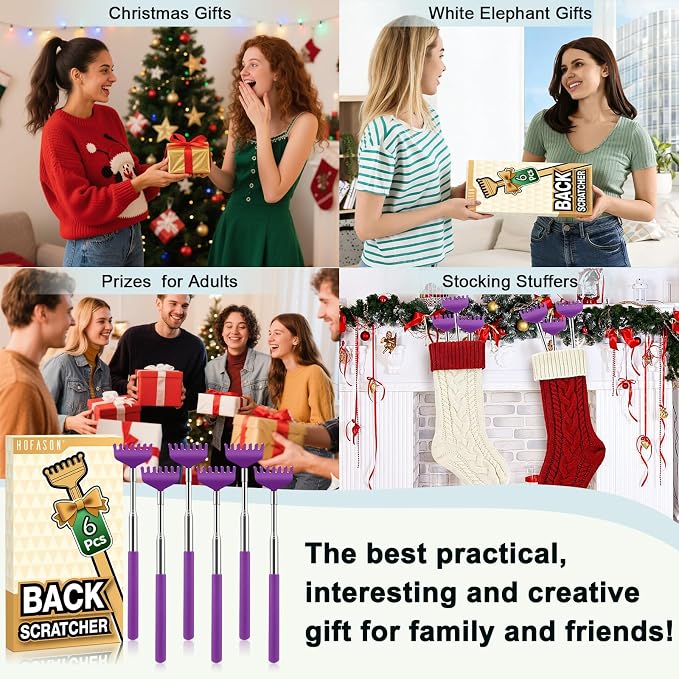 HOFASON Back Scratcher 6 Pack, Stocking Stuffers for Men Adults Women Teens | Christmas Small Bulk Gifts for Men Women Teens, White Elephant Gag Birthday Gifts, Party Favors Prizes for Adults (Purple)