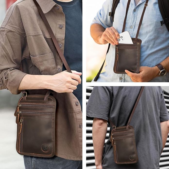 Polare Full Grain Leather Neck Wallet RFID Blocking Conceal Passport Holder Travel Pouch with AirTag Slot for Men