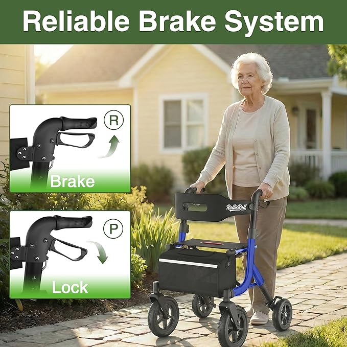 Walkers for Seniors, Rollator Walker with Seat, 12" Big Rubber Wheels All Terrain Rolling Walker with Backrest, Foldable Rollator Walker, Reinforced Aluminum Frame, Built-in Cable, Blue
