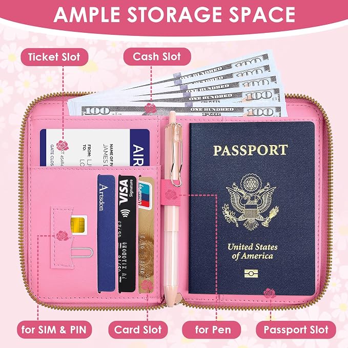 KONVINIT Pink Floral Passport Holder For Travel, Passport Cover For Women | Leather RFID Blocking Passport Holder, Cute Passport Wallet with Zipper Closure, Passport Case for Women and Men