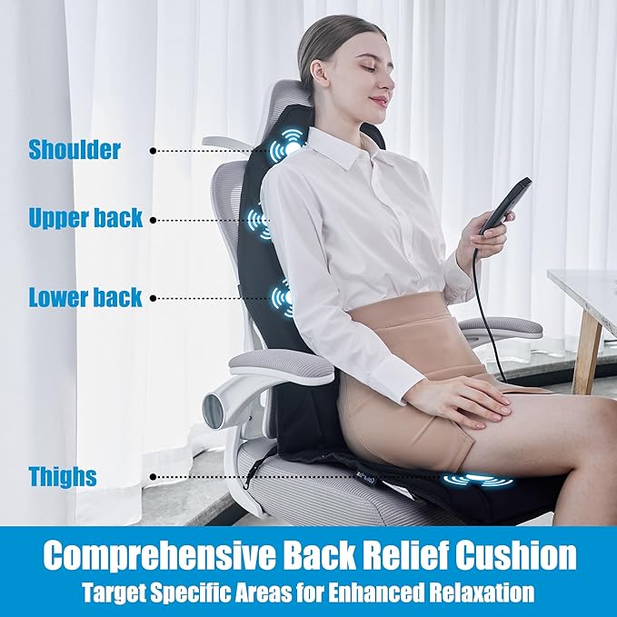 Portable Back Massager with Heat & Vibration - Deep Tissue Pain Relief for Shoulder, Back, Lower Back and Thighs - Office Chair Massage Pad, Ideal Gift for Men and Women