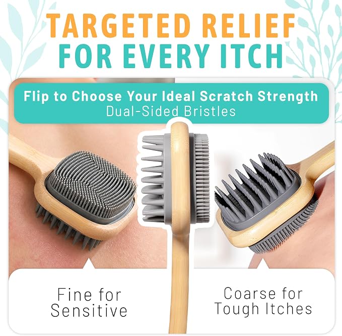 NURENDER Extra Long Bamboo Back Scratcher 22'', Soft Body Brush | Long Handle Dual Sided Silicone Bristles Backscratchers, Bamboo Wood Body Brush for Dry & Wet Use