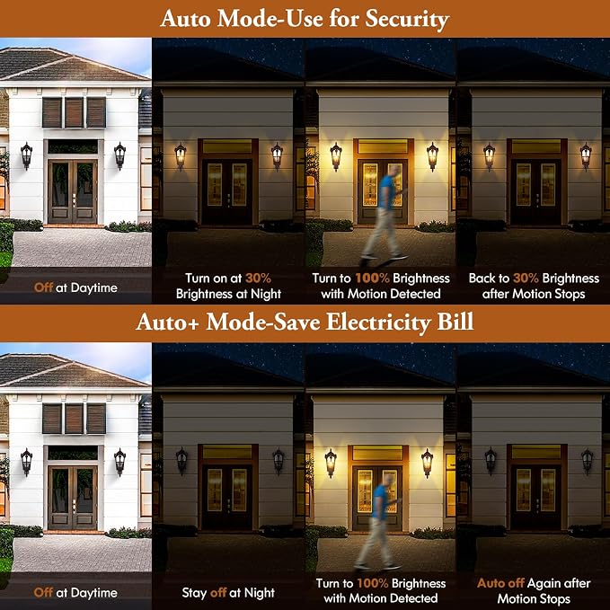 2-Pack 16” Large Motion Sensor Outdoor Wall Lights, Brown | Auto ON/OFF, 3 Lighting Modes, Waterproof, Rust-Resistant, Durable Metal & Water Ripple Glass, Vintage Style, Easy to Install