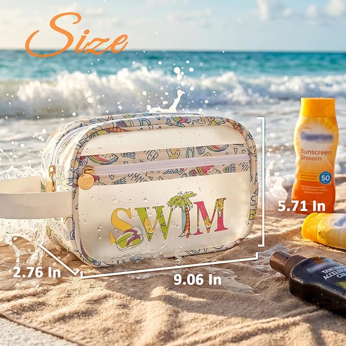 COSHAYSOO Clear SWIM Bag Swimming Pool Day Accessories for Women Teen Girls Bikini Swimsuit Goggle Cap Sunscreen Hair Makeup Organizer, Cute Swimmer Team Gifts Travel Waterproof Small Pouch, Tropical