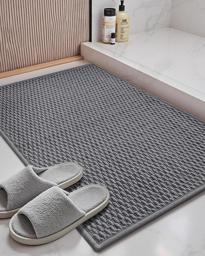 Color&Geometry Bathroom Rugs with Rubber Backing, Non Slip Machine Washable Bath Mat, Soft Absorbent Chenille Boho Carpet for Bathroom Floor, Tub and Shower,24"x36", Dark Grey