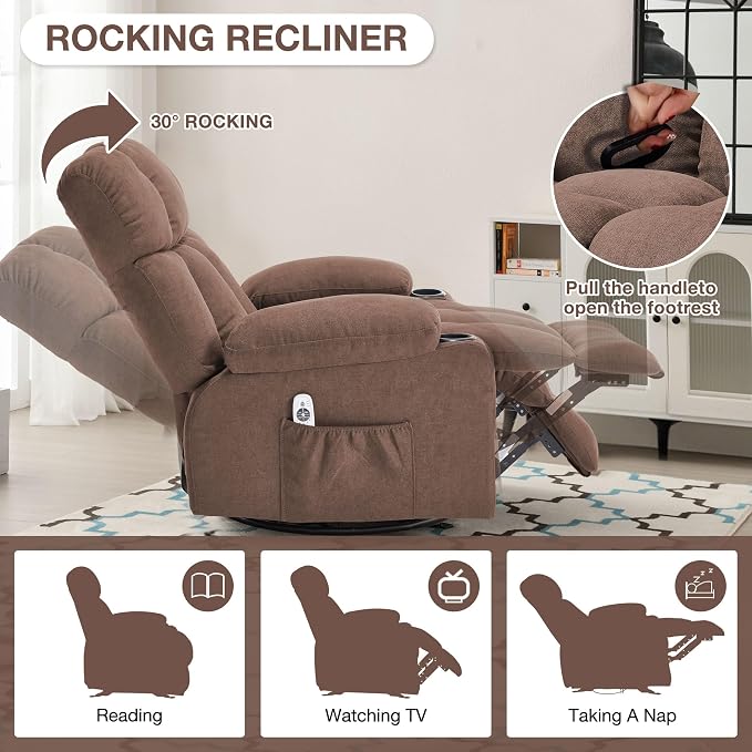 Oversized Massage Swivel Rocker Recliner Chair with Heat and Vibration Rocking Lounge Chair for Living Room Comfy Overstuffed Recliner with 4 Side Pockets,2 Cup Holders, USB Charge Port, Brown