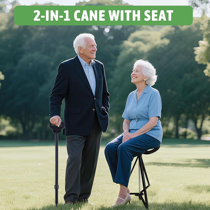 ALEVMOOM Walking Cane with Seat Folding Lightweight, 2-in-1 Cane Stool for Adults, Aluminum Walking Stick with Seat, Stick Chair Portable Stool for Senior