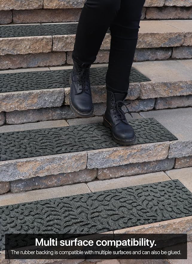 FINEHOUS Outdoor Stair Treads Non-Slip 42”x10” (6-Pack) – Carpet Treads with Rubber Backing Floral Grey