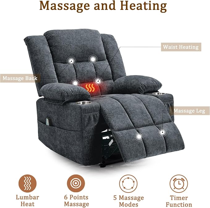 Korser Recliner Chair for Adults, Wall Hugger RV Recliner with Massage and Heating, Zero-Gravity Recliners, Electric Power Recliner Chair for Living Room, Bedroom, Home, Theater Seating (Darkgrey)