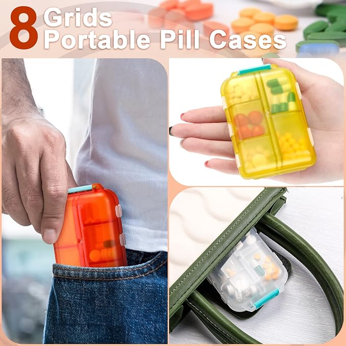 Meekoo 8 Pcs Travel Pill Organizer Pocket Portable Pill Case Daily Container Small Container Medicine Travel with 10 Compartments for Purse Fish Oil Medicine(Multicolor)