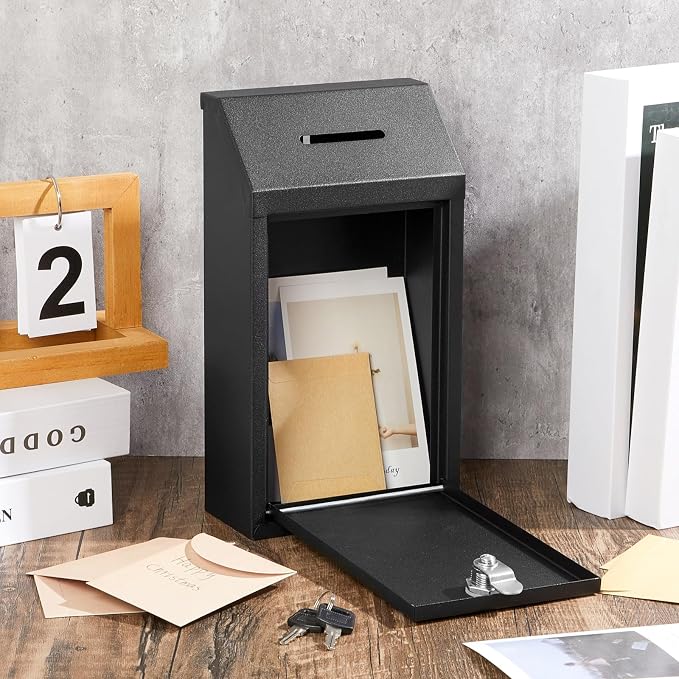 Yaocom Metal Money Box,Black,10.24 x 5.71 x 2.95 Inch,No Lid | Wall Mounted Drop Donation Cash Box for Farm Stand Collection Safe Suggestion Box with Lock Container for Home Office Outdoor