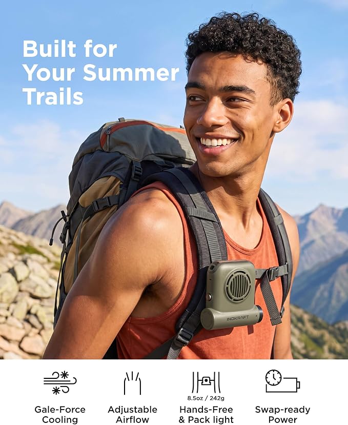 InoKraft Waist Fan for Hiking & Travel with 2 Swappable 4Ah Batteries | Rechargeable Fan for Hiking & Travel, Clip-On Waist Fan, Extended Runtime for Long Trips, 49 ft/s Turbo Airflow